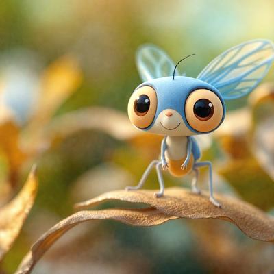 The primary subject of the image is a small, cute, and colorful blue and orange cartoon character, possibly a dragonfly or a similar creature, sitting on a leaf. The setting is a natural environment, with the character surrounded by leaves and possibly some flowers. The visual style of the image is a combination of photo and digital art, creating a unique and appealing appearance. The colors and mood of the image are vibrant and cheerful, with the blue and orange character standing out against the natural backdrop.